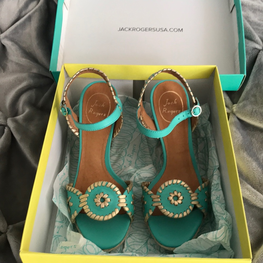 Pair of Jack Rogers turquoise wedge sandals